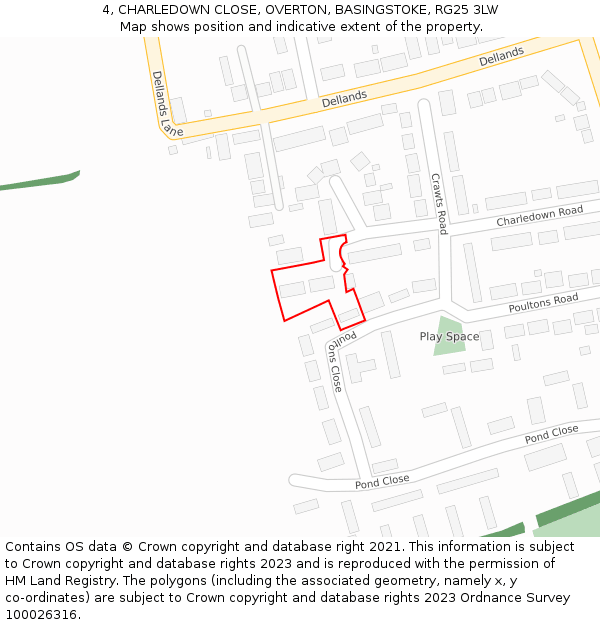 4, CHARLEDOWN CLOSE, OVERTON, BASINGSTOKE, RG25 3LW: Location map and indicative extent of plot