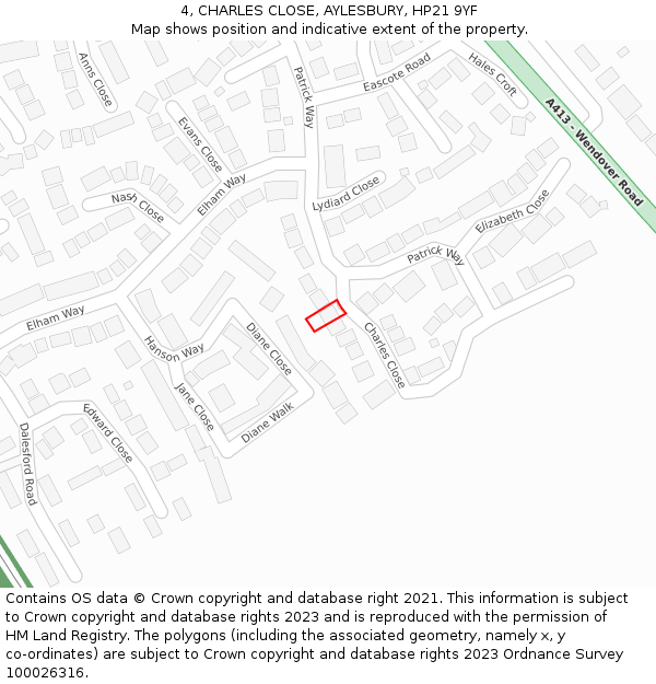 4, CHARLES CLOSE, AYLESBURY, HP21 9YF: Location map and indicative extent of plot