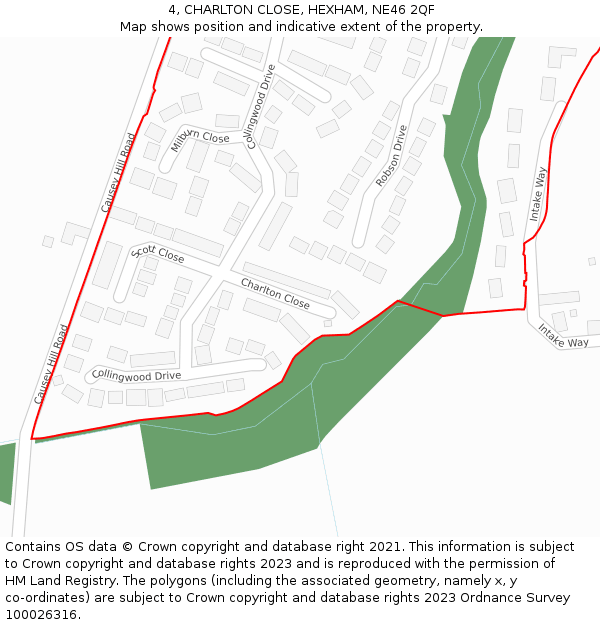 4, CHARLTON CLOSE, HEXHAM, NE46 2QF: Location map and indicative extent of plot