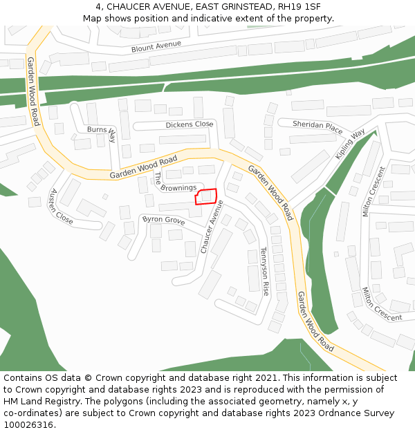 4, CHAUCER AVENUE, EAST GRINSTEAD, RH19 1SF: Location map and indicative extent of plot