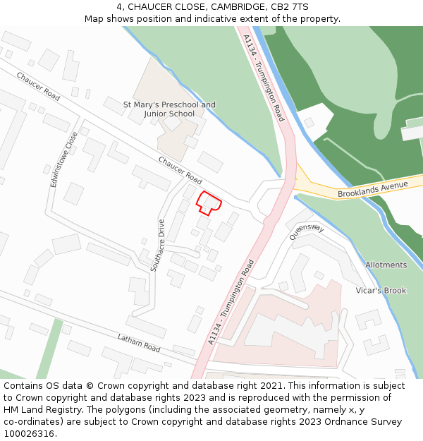 4, CHAUCER CLOSE, CAMBRIDGE, CB2 7TS: Location map and indicative extent of plot