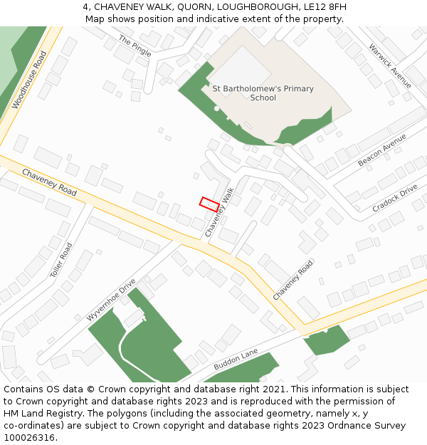 4, CHAVENEY WALK, QUORN, LOUGHBOROUGH, LE12 8FH: Location map and indicative extent of plot