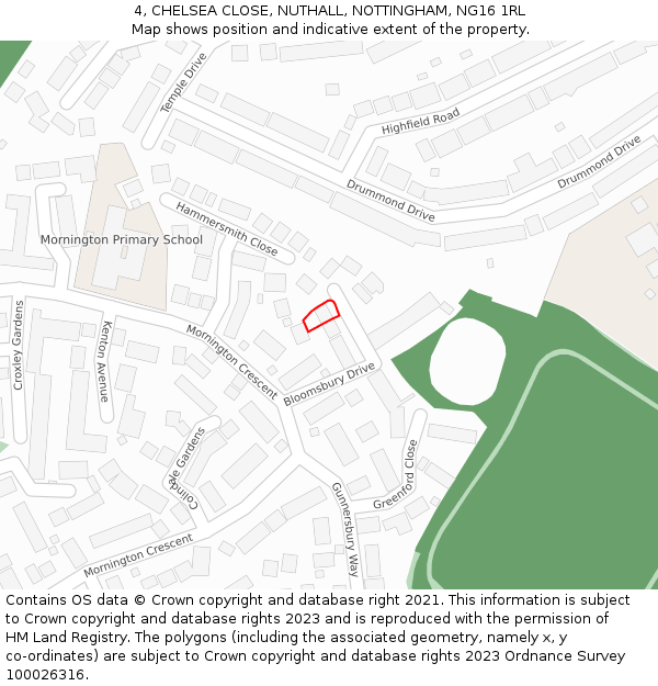 4, CHELSEA CLOSE, NUTHALL, NOTTINGHAM, NG16 1RL: Location map and indicative extent of plot