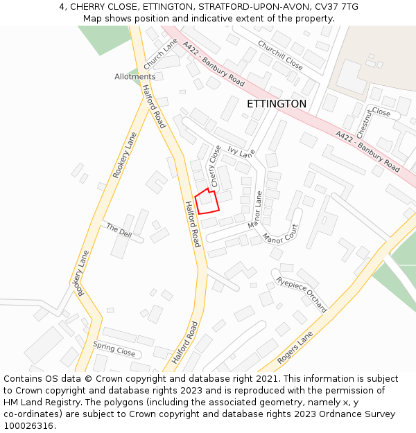 4, CHERRY CLOSE, ETTINGTON, STRATFORD-UPON-AVON, CV37 7TG: Location map and indicative extent of plot