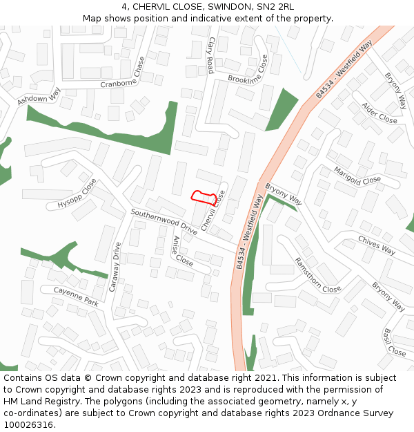 4, CHERVIL CLOSE, SWINDON, SN2 2RL: Location map and indicative extent of plot