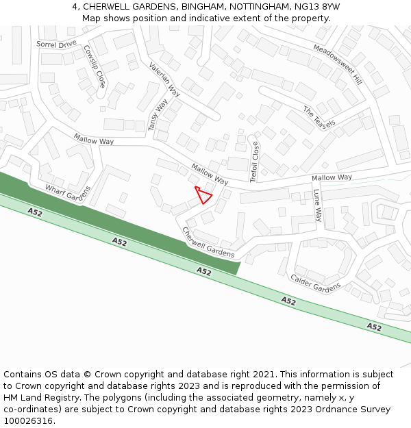 4, CHERWELL GARDENS, BINGHAM, NOTTINGHAM, NG13 8YW: Location map and indicative extent of plot