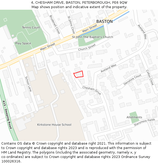 4, CHESHAM DRIVE, BASTON, PETERBOROUGH, PE6 9QW: Location map and indicative extent of plot