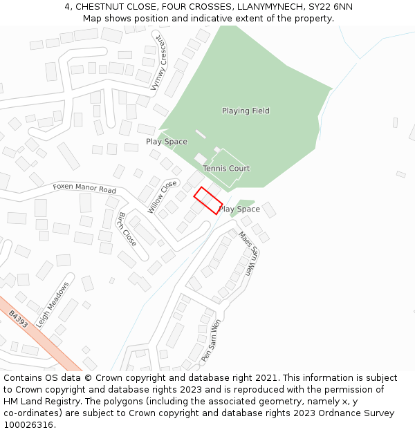 4, CHESTNUT CLOSE, FOUR CROSSES, LLANYMYNECH, SY22 6NN: Location map and indicative extent of plot