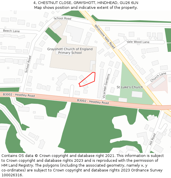 4, CHESTNUT CLOSE, GRAYSHOTT, HINDHEAD, GU26 6LN: Location map and indicative extent of plot