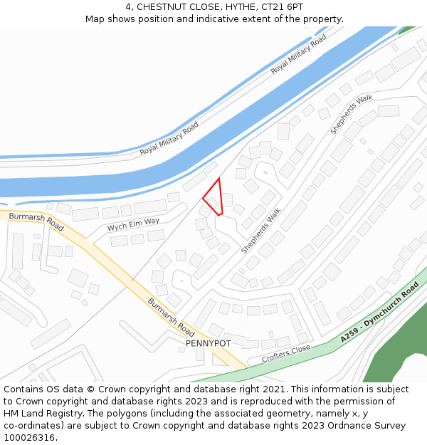 4, CHESTNUT CLOSE, HYTHE, CT21 6PT: Location map and indicative extent of plot