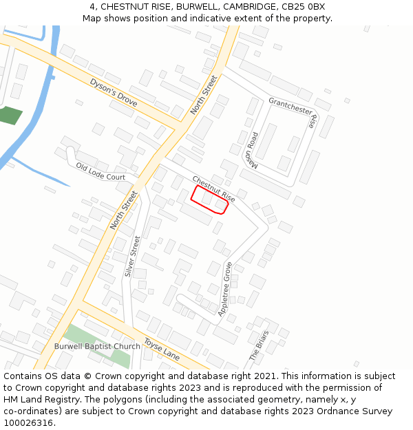 4, CHESTNUT RISE, BURWELL, CAMBRIDGE, CB25 0BX: Location map and indicative extent of plot