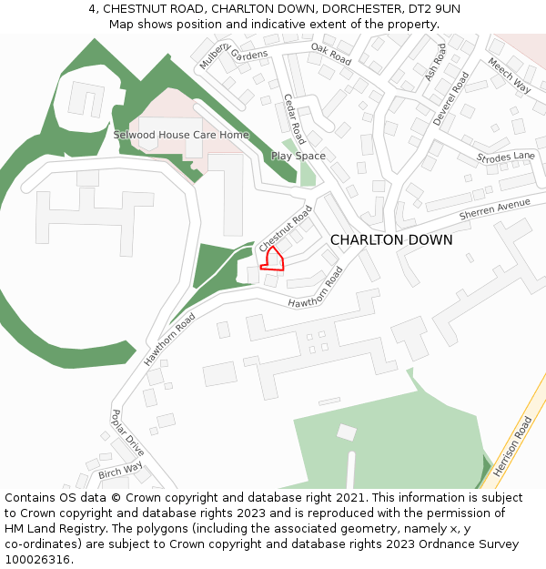 4, CHESTNUT ROAD, CHARLTON DOWN, DORCHESTER, DT2 9UN: Location map and indicative extent of plot