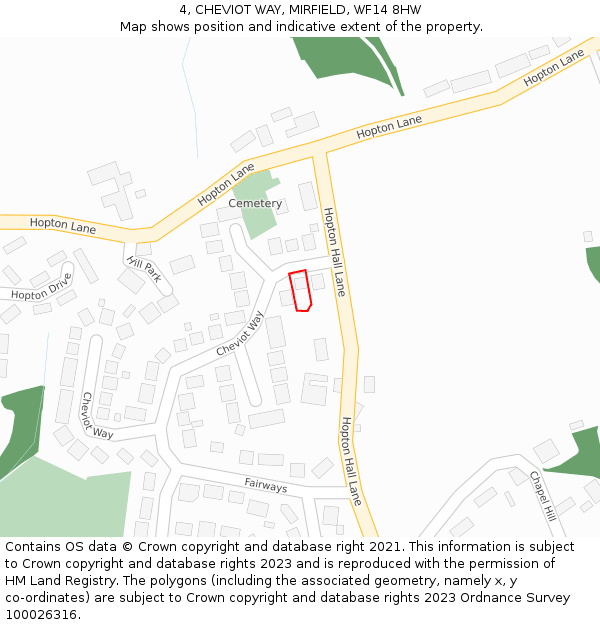 4, CHEVIOT WAY, MIRFIELD, WF14 8HW: Location map and indicative extent of plot