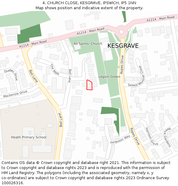 4, CHURCH CLOSE, KESGRAVE, IPSWICH, IP5 1NN: Location map and indicative extent of plot