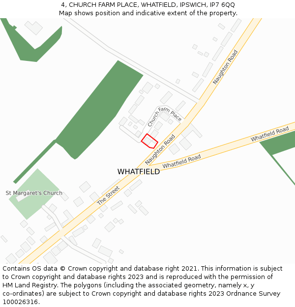 4, CHURCH FARM PLACE, WHATFIELD, IPSWICH, IP7 6QQ: Location map and indicative extent of plot