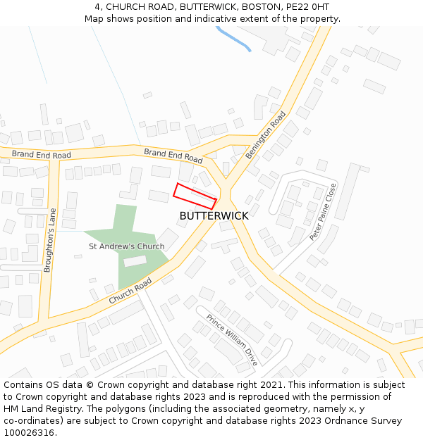 4, CHURCH ROAD, BUTTERWICK, BOSTON, PE22 0HT: Location map and indicative extent of plot