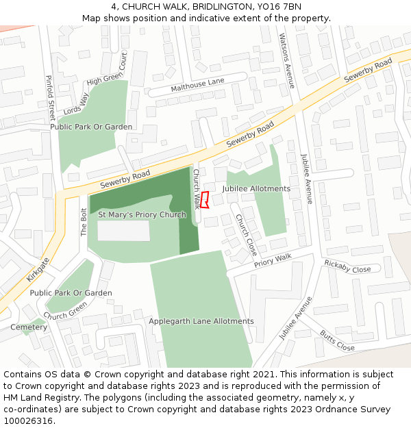 4, CHURCH WALK, BRIDLINGTON, YO16 7BN: Location map and indicative extent of plot