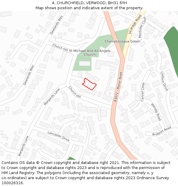 4, CHURCHFIELD, VERWOOD, BH31 6YH: Location map and indicative extent of plot