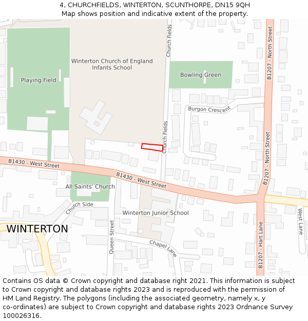 4, CHURCHFIELDS, WINTERTON, SCUNTHORPE, DN15 9QH: Location map and indicative extent of plot