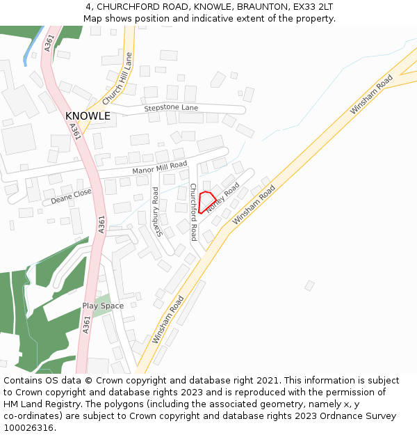 4, CHURCHFORD ROAD, KNOWLE, BRAUNTON, EX33 2LT: Location map and indicative extent of plot