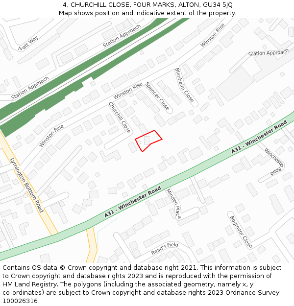 4, CHURCHILL CLOSE, FOUR MARKS, ALTON, GU34 5JQ: Location map and indicative extent of plot
