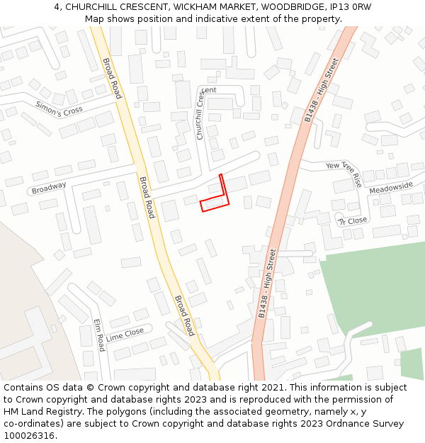 4, CHURCHILL CRESCENT, WICKHAM MARKET, WOODBRIDGE, IP13 0RW: Location map and indicative extent of plot