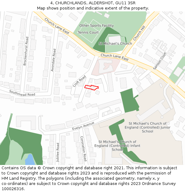 4, CHURCHLANDS, ALDERSHOT, GU11 3SR: Location map and indicative extent of plot
