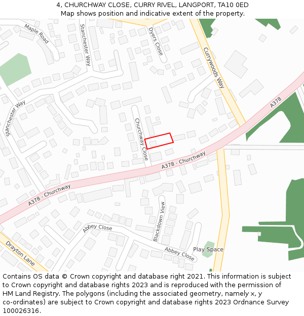 4, CHURCHWAY CLOSE, CURRY RIVEL, LANGPORT, TA10 0ED: Location map and indicative extent of plot