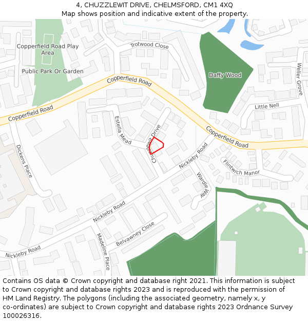 4, CHUZZLEWIT DRIVE, CHELMSFORD, CM1 4XQ: Location map and indicative extent of plot