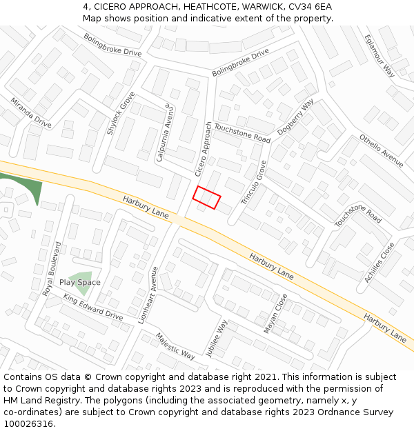 4, CICERO APPROACH, HEATHCOTE, WARWICK, CV34 6EA: Location map and indicative extent of plot