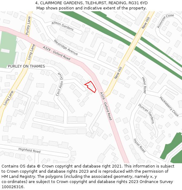 4, CLAIRMORE GARDENS, TILEHURST, READING, RG31 6YD: Location map and indicative extent of plot