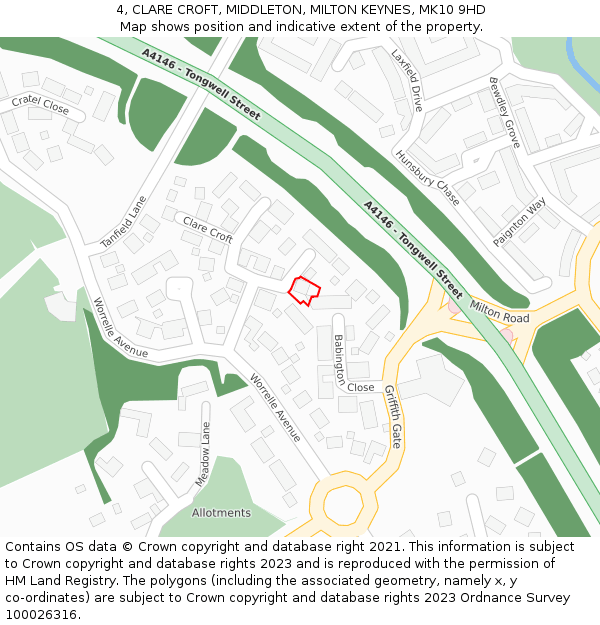 4, CLARE CROFT, MIDDLETON, MILTON KEYNES, MK10 9HD: Location map and indicative extent of plot