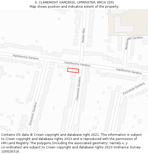 4, CLAREMONT GARDENS, UPMINSTER, RM14 1DN: Location map and indicative extent of plot