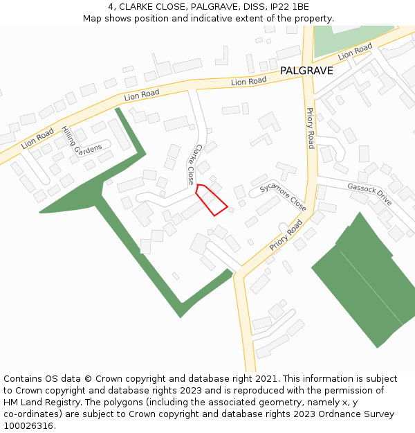 4, CLARKE CLOSE, PALGRAVE, DISS, IP22 1BE: Location map and indicative extent of plot