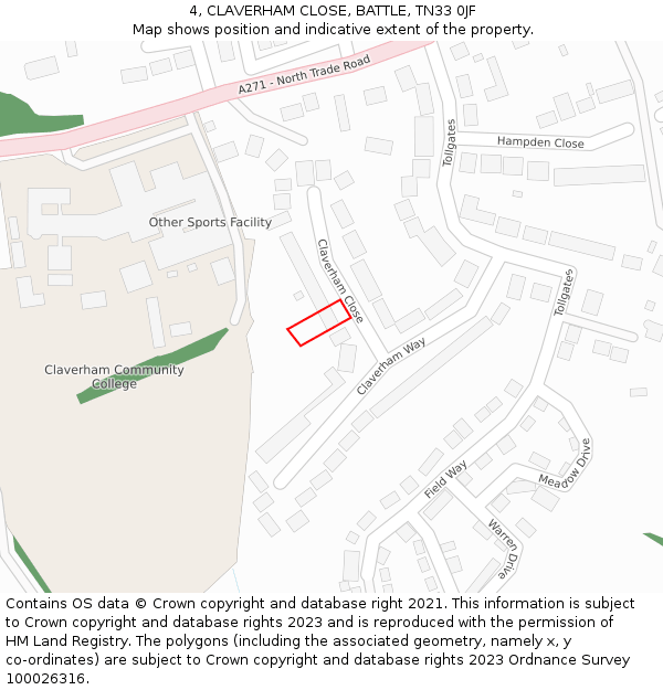 4, CLAVERHAM CLOSE, BATTLE, TN33 0JF: Location map and indicative extent of plot