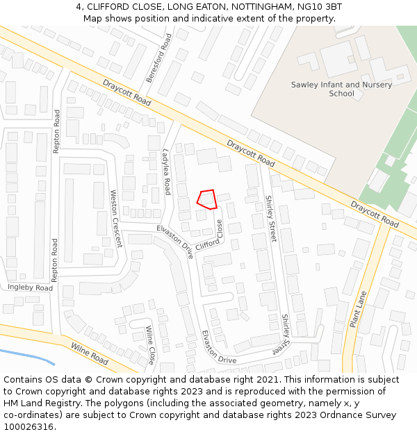 4, CLIFFORD CLOSE, LONG EATON, NOTTINGHAM, NG10 3BT: Location map and indicative extent of plot