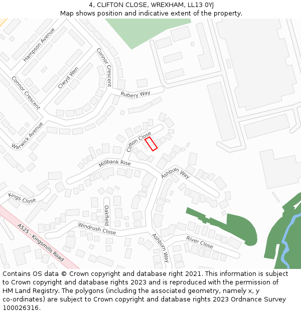 4, CLIFTON CLOSE, WREXHAM, LL13 0YJ: Location map and indicative extent of plot