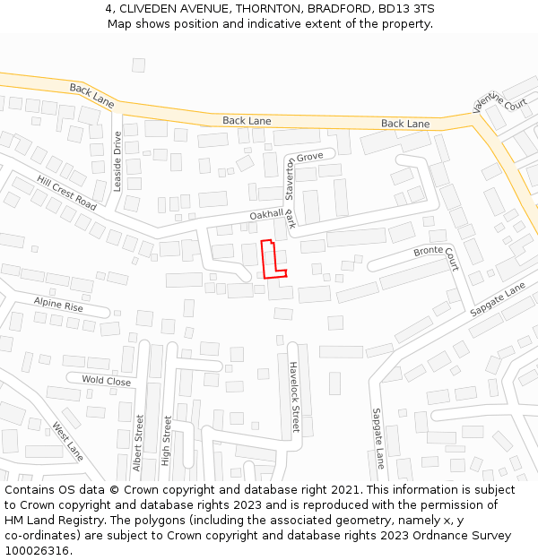 4, CLIVEDEN AVENUE, THORNTON, BRADFORD, BD13 3TS: Location map and indicative extent of plot