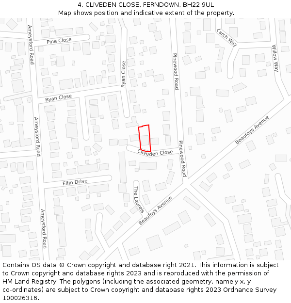 4, CLIVEDEN CLOSE, FERNDOWN, BH22 9UL: Location map and indicative extent of plot