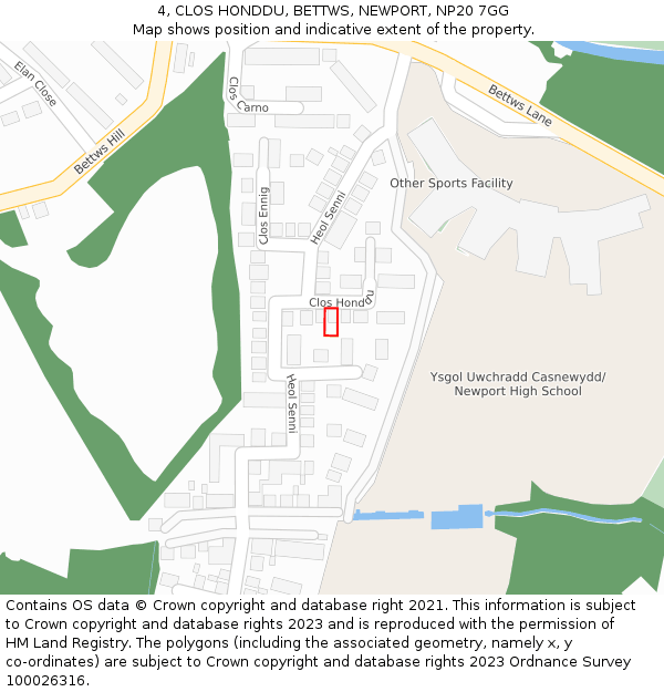 4, CLOS HONDDU, BETTWS, NEWPORT, NP20 7GG: Location map and indicative extent of plot