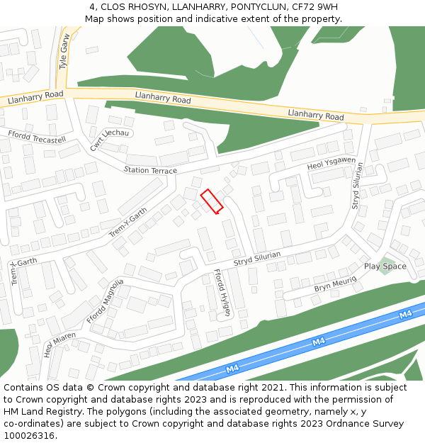 4, CLOS RHOSYN, LLANHARRY, PONTYCLUN, CF72 9WH: Location map and indicative extent of plot