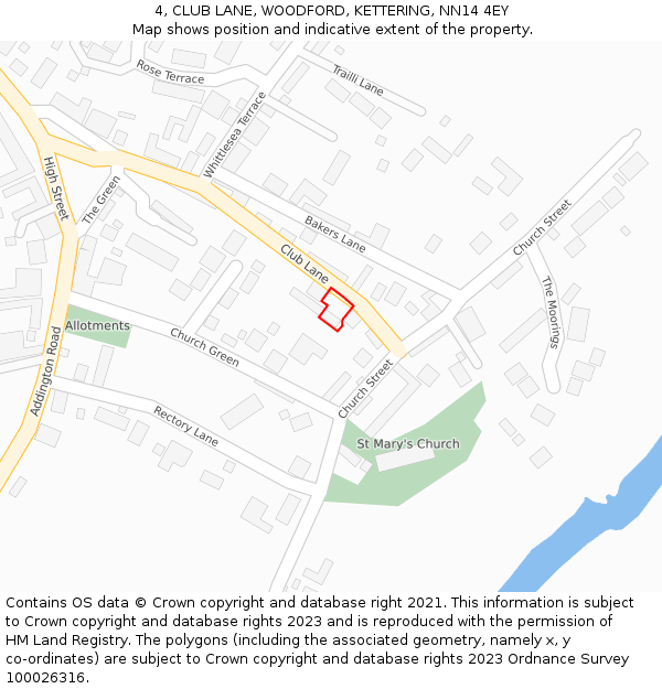 4, CLUB LANE, WOODFORD, KETTERING, NN14 4EY: Location map and indicative extent of plot