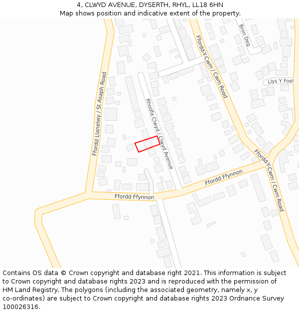 4, CLWYD AVENUE, DYSERTH, RHYL, LL18 6HN: Location map and indicative extent of plot