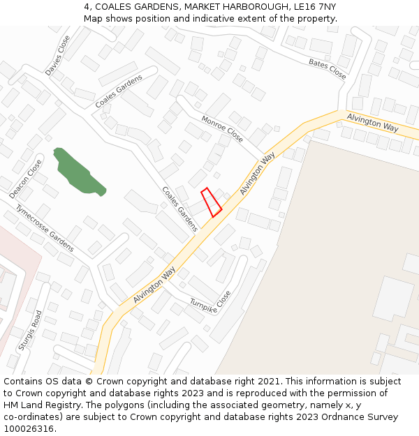 4, COALES GARDENS, MARKET HARBOROUGH, LE16 7NY: Location map and indicative extent of plot