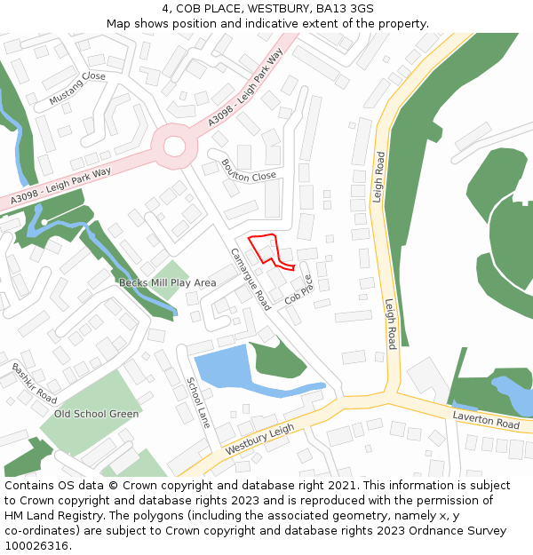 4, COB PLACE, WESTBURY, BA13 3GS: Location map and indicative extent of plot