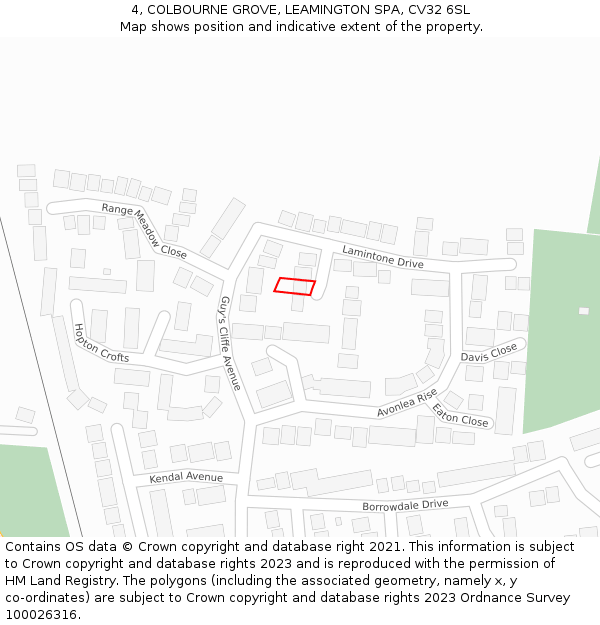 4, COLBOURNE GROVE, LEAMINGTON SPA, CV32 6SL: Location map and indicative extent of plot