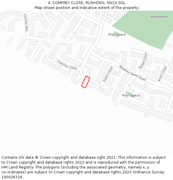 4, COMFREY CLOSE, RUSHDEN, NN10 0GL: Location map and indicative extent of plot