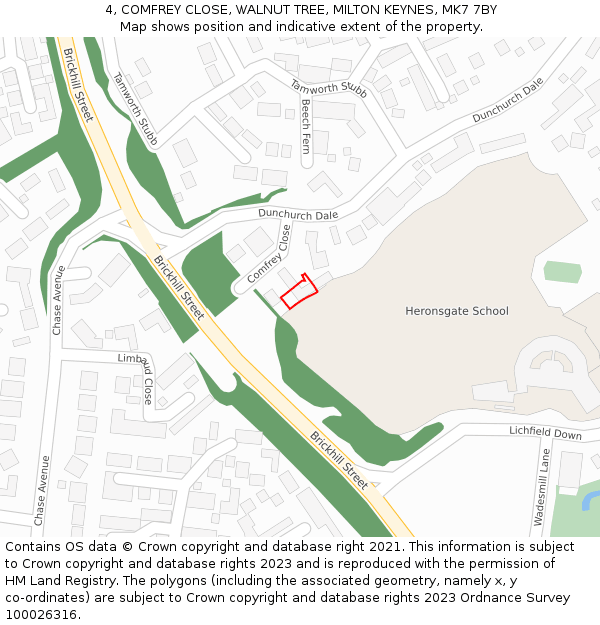 4, COMFREY CLOSE, WALNUT TREE, MILTON KEYNES, MK7 7BY: Location map and indicative extent of plot