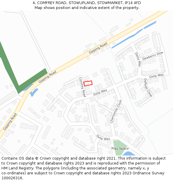 4, COMFREY ROAD, STOWUPLAND, STOWMARKET, IP14 4FD: Location map and indicative extent of plot