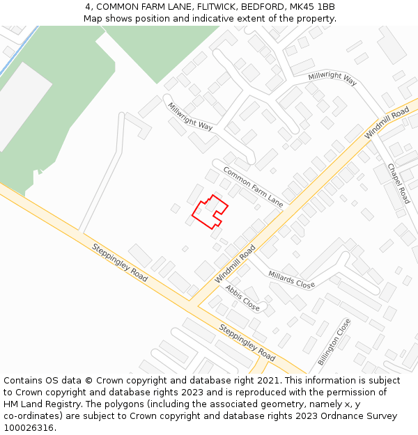 4, COMMON FARM LANE, FLITWICK, BEDFORD, MK45 1BB: Location map and indicative extent of plot